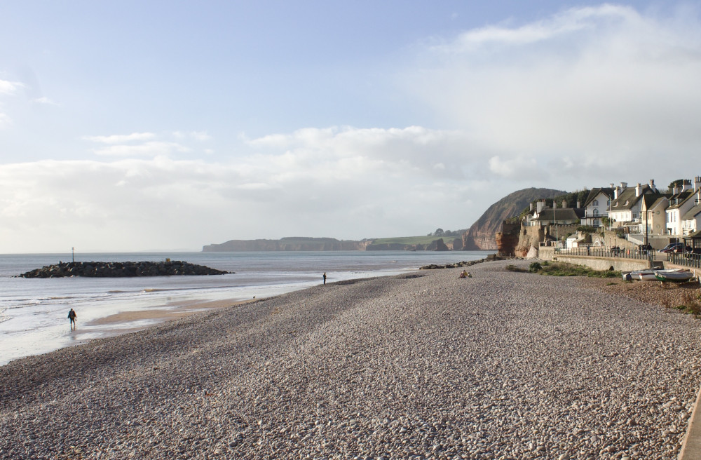 A rock island at Sidmouth town beach, left (Nub News/ Will Goddard)