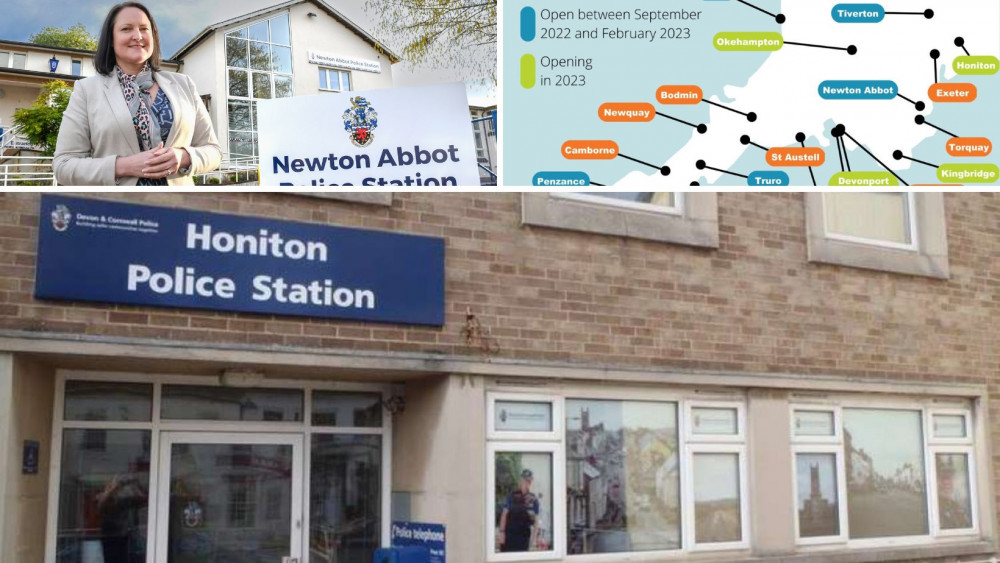 Top: Police and Crime Commissioner Alison Hernandez outside Newton Abbot Police Station R:  A map of the Police Enquiry Office locations to be reopened (Credit both: D&CP) Bottom: Honiton Police Station (Nub News)