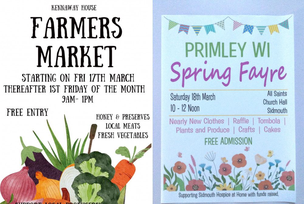 L: Farmers Market flyer (Kennaway House). R: Spring Fayre flyer (Primley WI) L: Farmers Market flyer (Kennaway House). R: Spring Fayre flyer (Primley WI)