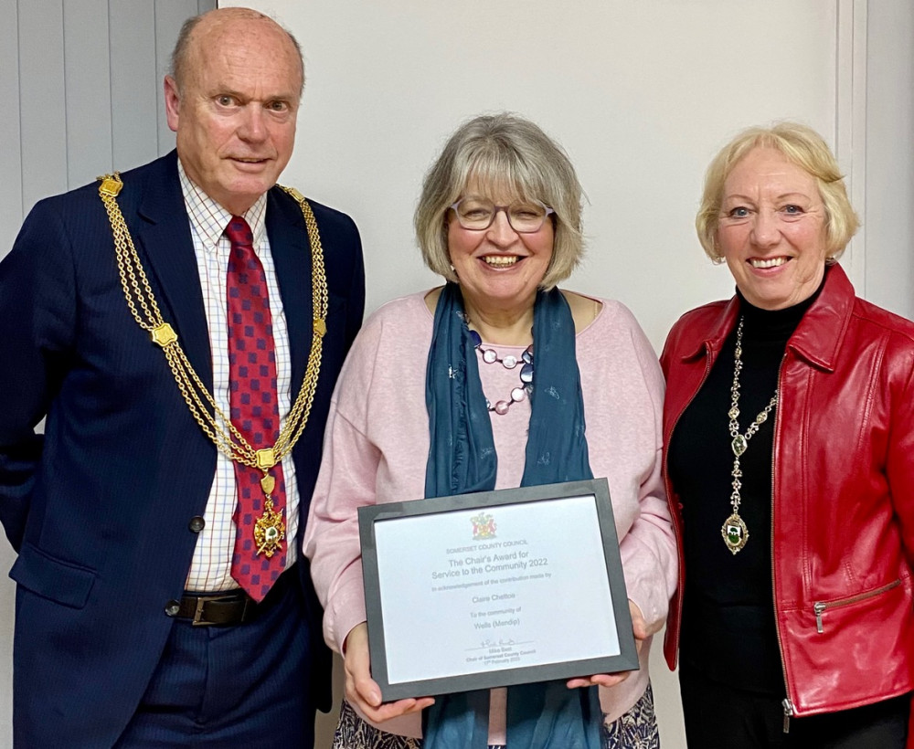  Claire with her award and the Mayor and Mayoress of Wells, Stewart and June Cursley.