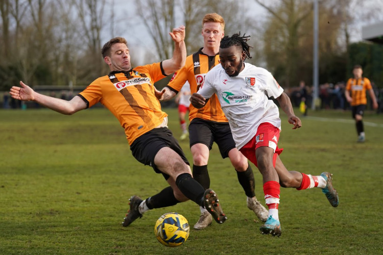 Harvey Sayer proved to be a headache for the Jammers, scoring the only goal of the game, for Stowmarket Town. (Photo: Roy Warner / Maldon & Tiptree FC)