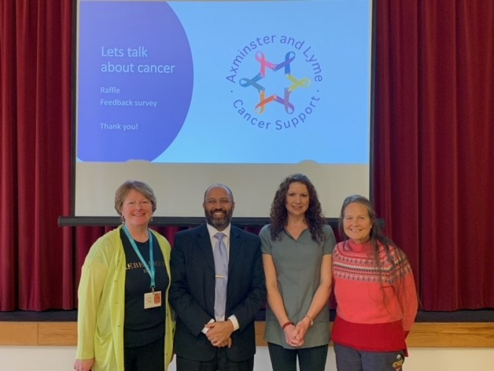 Axminster and Lyme Cancer Support founder Mary Kahn (left) and guest speakers at the event