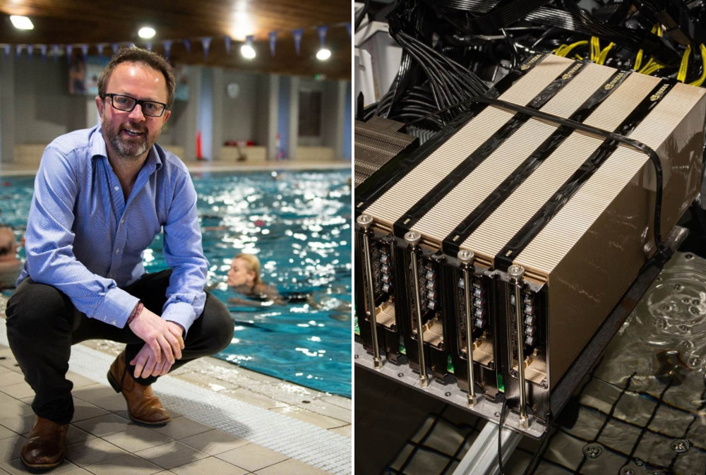 L: Mark Bjonsgaard, CEO of Deep Green at Exmouth Leisure Centre. R: Deep Green’s computers are submerged in mineral oil that captures waste heat (Deep Green)
