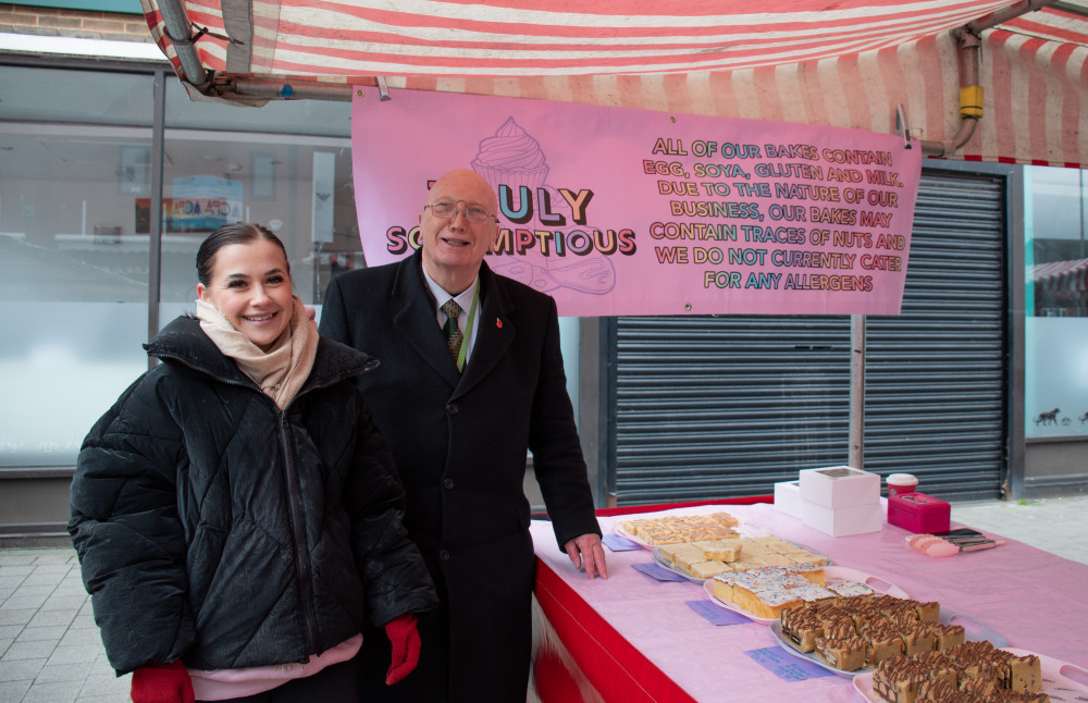 Pictured: Hollie, owner of Truly Scrumptious with Councillor John Willmott. Photo courtesy of Ashfield District Council.