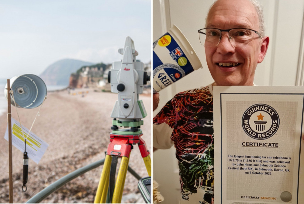 L: Tin-can telephone in Sidmouth (Sidmouth Science Festival). R: John with the Guinness World Record certificate