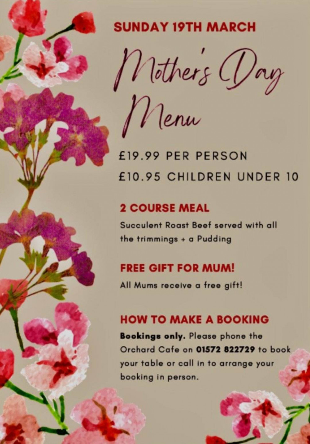 Welland Vale Mother's Day menu