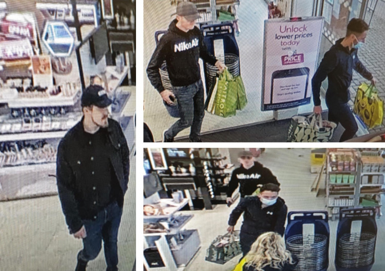 Police wish to speak to these three men after £7000 worth of beauty and skincare products was stolen from a business in Etruria (Staffordshire Police).