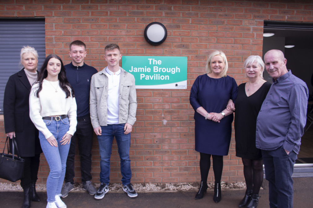 Mr Brough's family (pictured) unveiled the plaque on the sport pavilion in Papplewick Green which is named in his memory. Photo courtesy of Ashfield District Council.