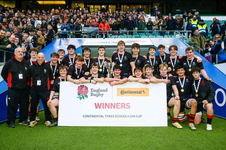 The Oakham School 1st XV rugby team celebrating their victory at Twickenham.  Image credit: Tom Masters. 