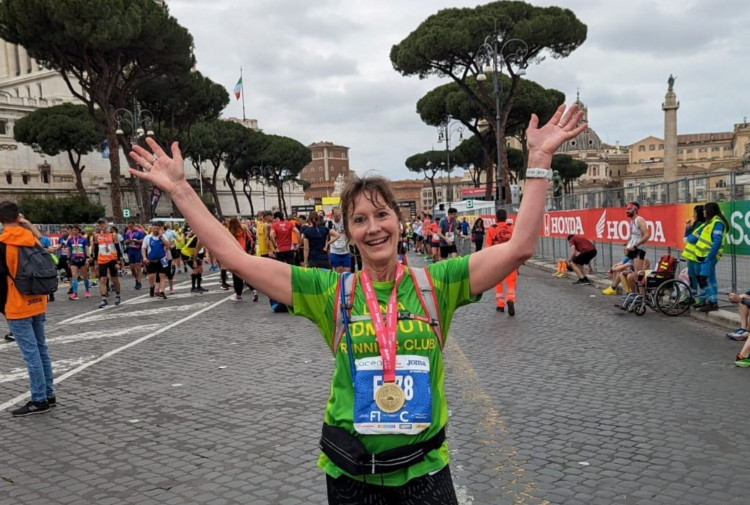 Lynda Hawkins at the finish of the Rome Marathon (Sidmouth Running Club)