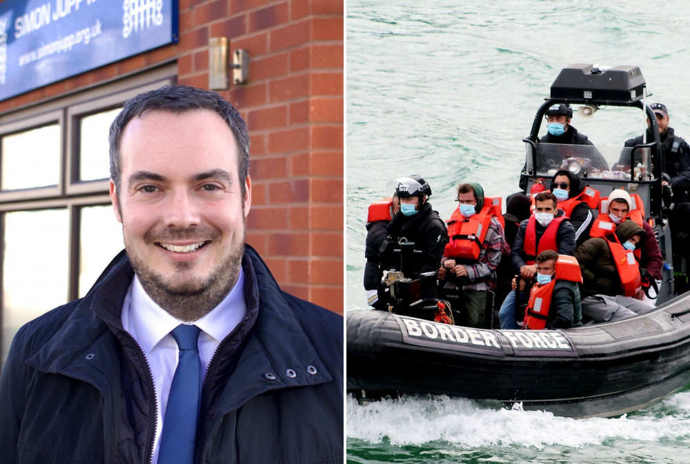 L: Simon Jupp MP (Nub News/ Will Goddard). R: Border Force with asylum seekers (SWNS/ Steve Laws)