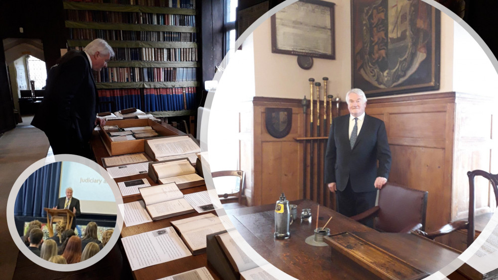 The Lord Chief Justice, Lord Burnett of Maldon, browsed Plume Library’s law books during his visit to the town. (Photos: Nub News and Maldon Town Council)