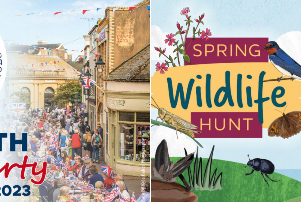 L: Sidmouth coronation street party poster (Sidmouth Chamber of Commerce). R: Spring Wildlife Hunt (The Donkey Sanctuary)