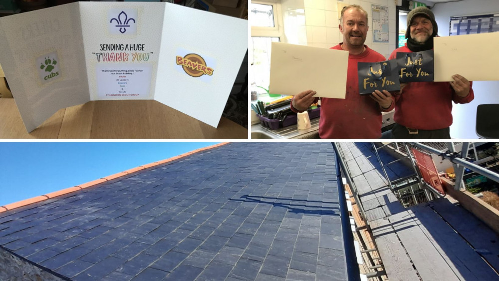 Top: A thank you card for fundraising, the roofers Aaron and Lee and the completed roof (Credit for all three: Helen Turner)