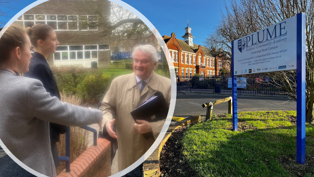 Mrs Ruth Clark (inset, left) greeted The Lord Chief Justice when he visited Plume Academy. (Photos: Maldon Nub News)