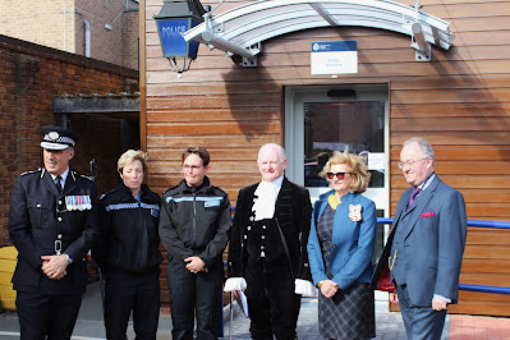 Rob Nixon, the High Sheriff of Rutland, and Dr Sarah Furness and PCC Rupert Matthews pictured with local officers. Image credit: Martin Brookes. 