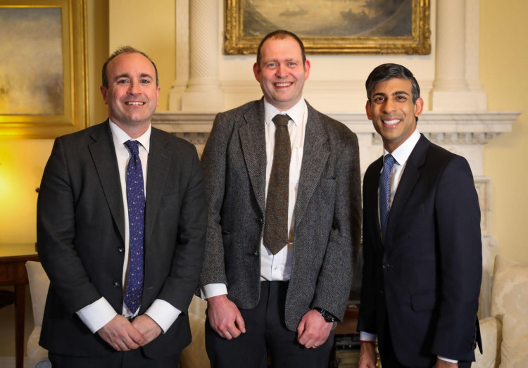 MP Aaron Bell, Dr Mick Salt and PM Rishi Sunak at 10 Downing Street (LDR).