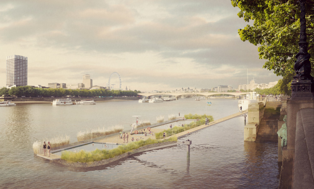 CGI showing proposals for a Thames Bath beside Temple Underground station to show what the floating pool could look like (Credit: Studio Octopi and Picture Plane)