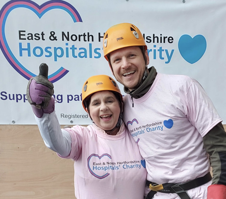Inspirational charity thrill-seekers raise more than £45,000 for NHS. Photo: Chief nurse, Theresa Murphy, with chief people officer, Thomas Pounds, at the Lister Abseil which has raised over £45,000 for East and North Hertfordshire Hospitals’ Charity Picture: East and North Hertfordshire Hospitals’ Charity