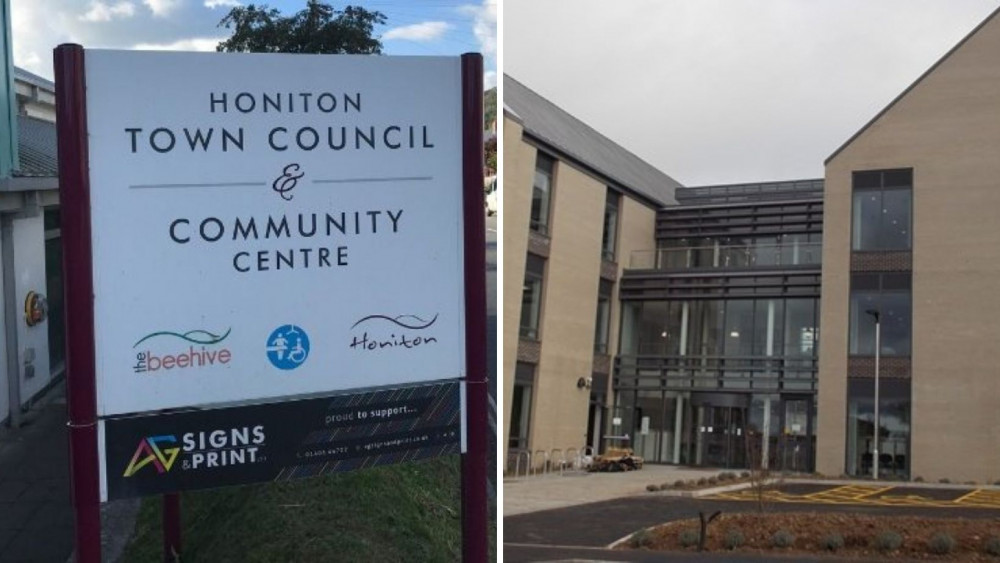 L: Honiton Town Council sign outside The Beehive (Nub News) R: Blackdown House in Honiton (LDRS)