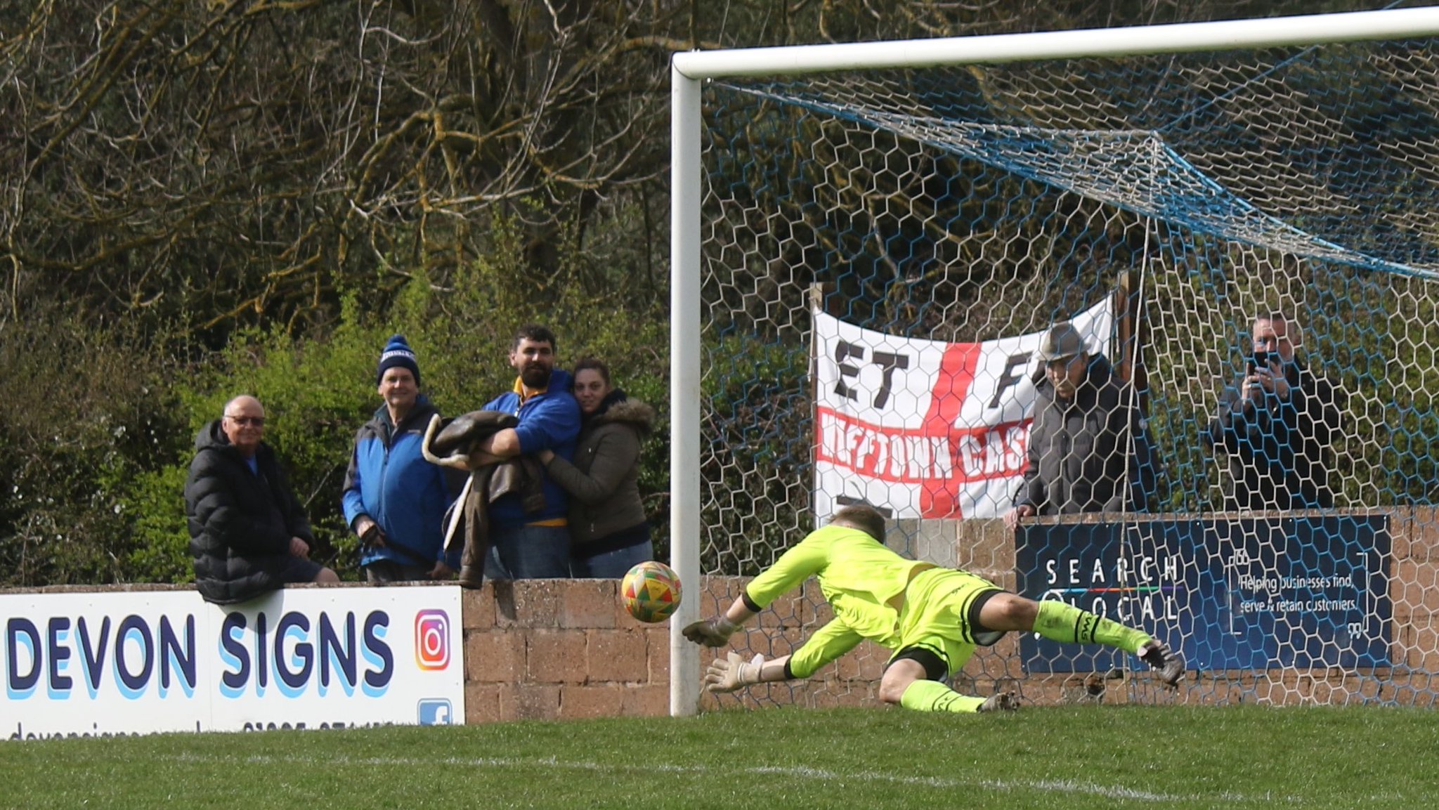 Tavistock keeper saving Dave Rowe's penalty (Exmouth Town FC)