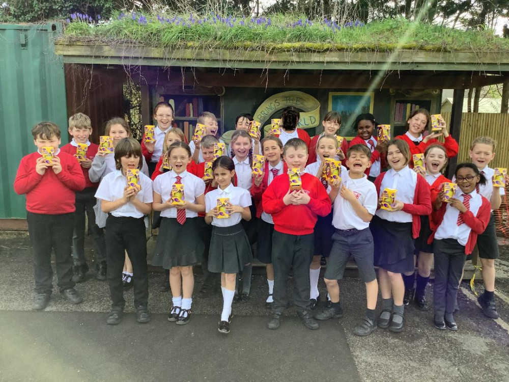 Happy youngsters from Horndon on the Hill with their eggs. 