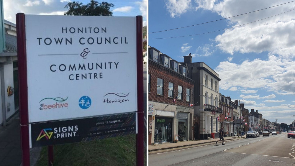 Honiton Town Council sign and Honiton High Street (Nub News)