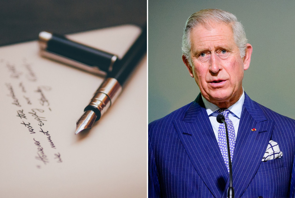 L: Pen and paper (Unsplash). R: King Charles III (Wikimedia Commons)