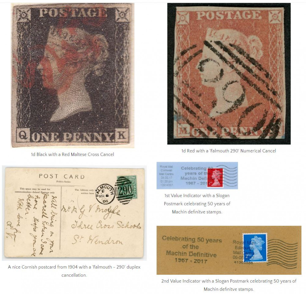 Some of the stamps with a Falmouth cancel, one of which is a Penny Black, the first stamp ever which came into use on the 6th May 1840.