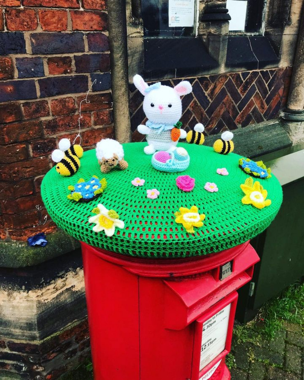 Post box topper near Sandbach Art Room created by their crochet class (Photo: Sandbach Art Room)