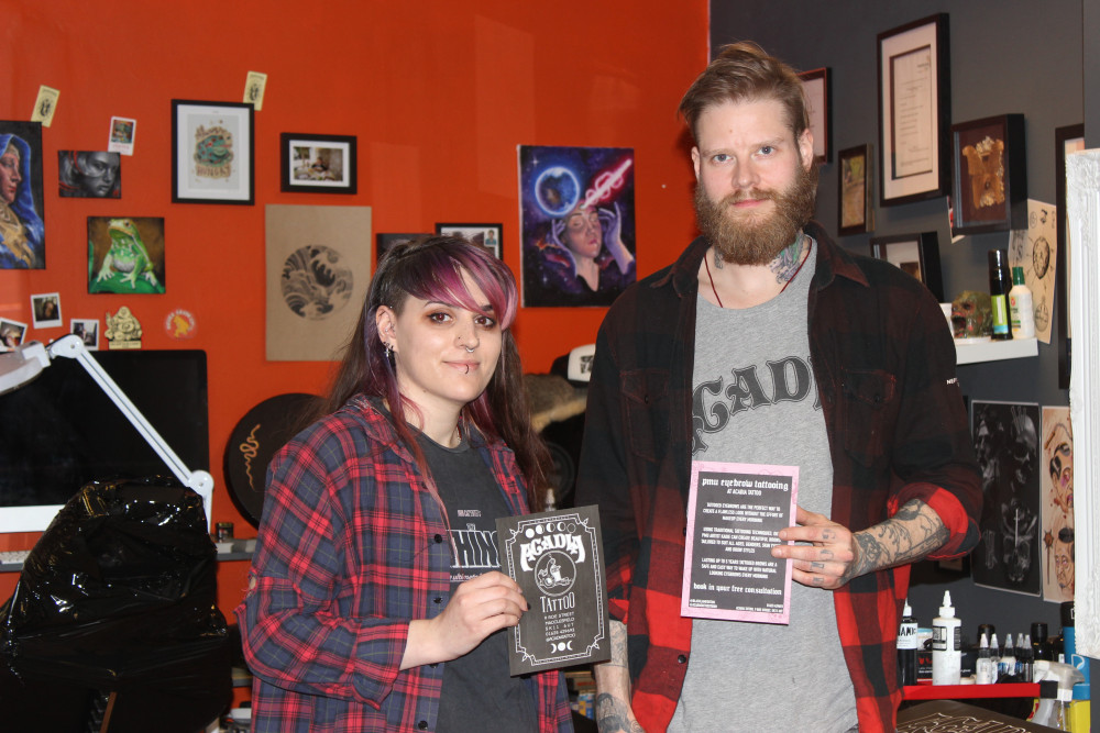 Acadia Tattoo staff Kadie Waszkowycz and Simon Heywood raised over £400 in 24 hours for a national suicide prevention charity. (Image - Alexander Greensmith / Macclesfield Nub News)