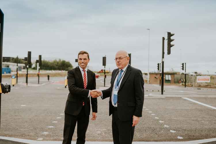 Ken Skates and Alun Griffiths when the road was completed in September 2019