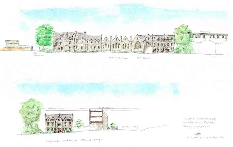 Site elevation sketch by Philip Tilbury showing the school building is retained