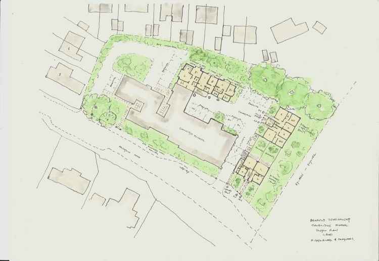 Sketch by Philip Tilbury of the proposed site plan around the existing school buildings