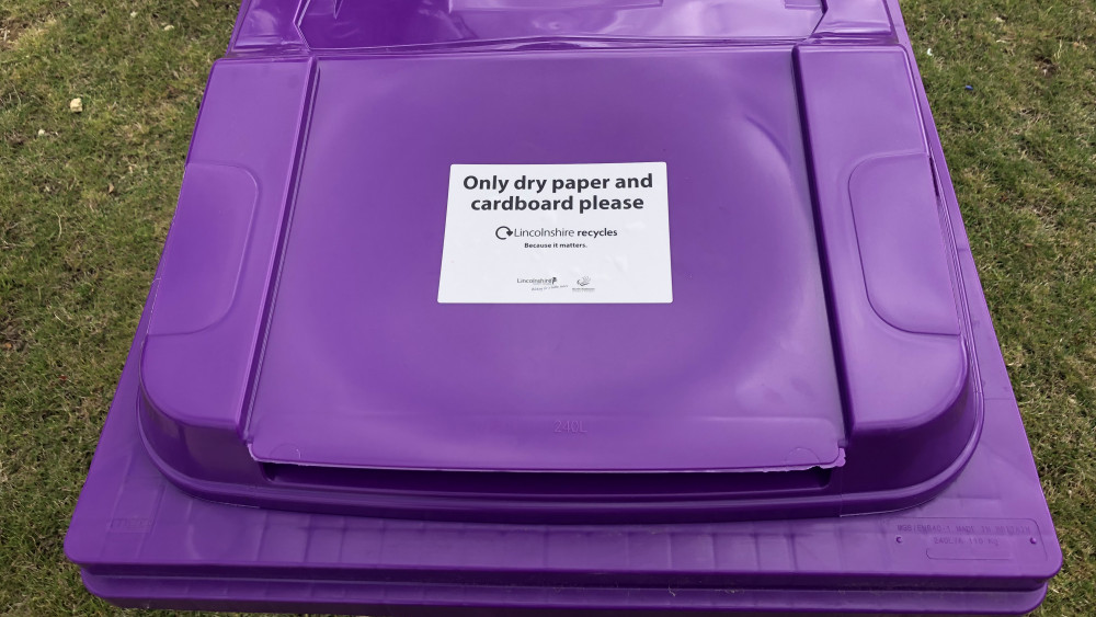 Purple bins are used for paper and cardboard collections. Image credit: Lincolnshire County Council. 