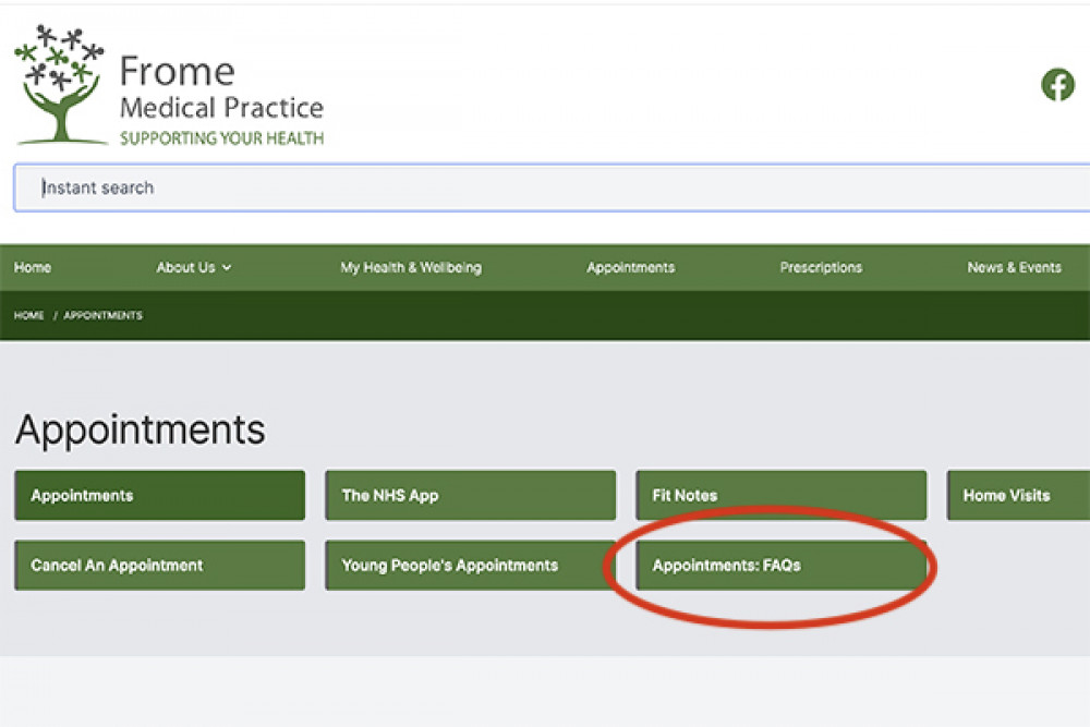 The Frome Medical Practice website appointments page - talks patients through booking appointments and includes a link to FAQs about the new system