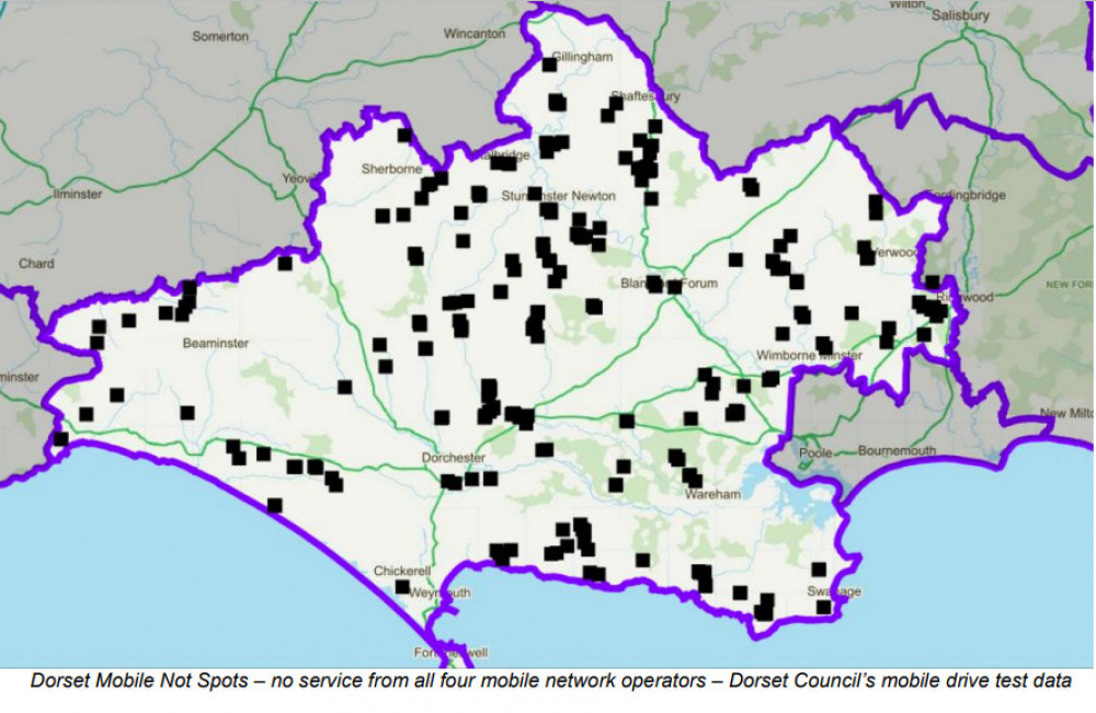 Dorset Council’s map of ‘not spots’ where digital mobile phone coverage is poor