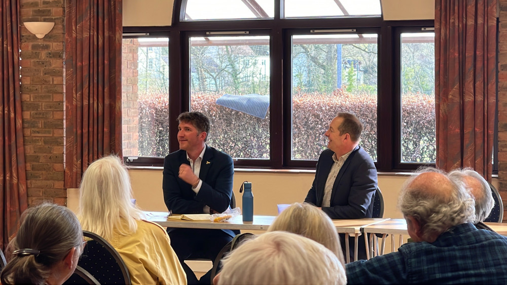 West Dorset parliamentary candidate Edward Morello (left) and Tiverton & Honiton MP Richard Foord at Uplyme Village Hall