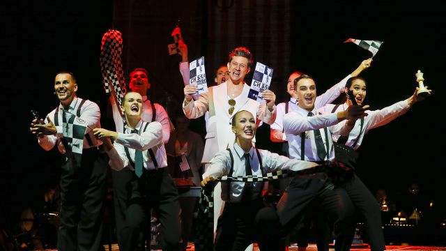 "The Merchandisers" from the Regent Theatre, Melbourne 2021 production of Chess. Photo Jeff Busby.