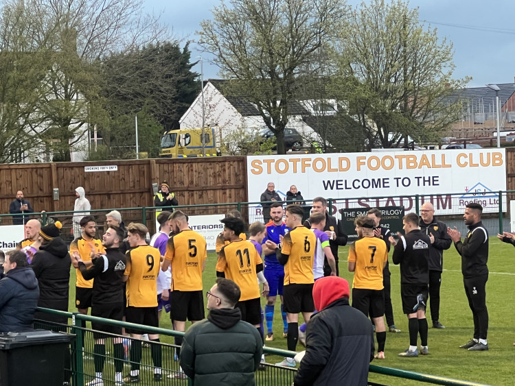 Spartans South Midlands Football League  Stotfold 1-0 Leighton Town. PICTURE: Brett Donnelly's Stotfold give Leighton a guard of honour before the match that saw the home side clinch a play-off spot. CREDIT: @laythy29