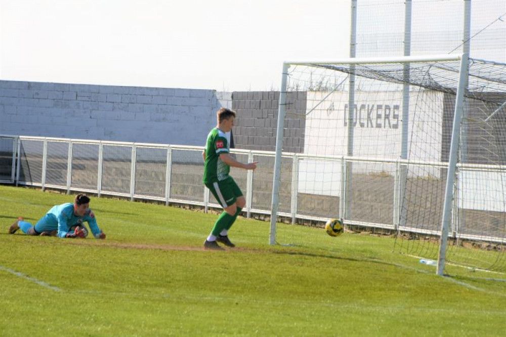 The goal that doomed Tilbury. Connor Ingram taps the ball home with nine minutes to go.  Picture from Gorleston FC. 