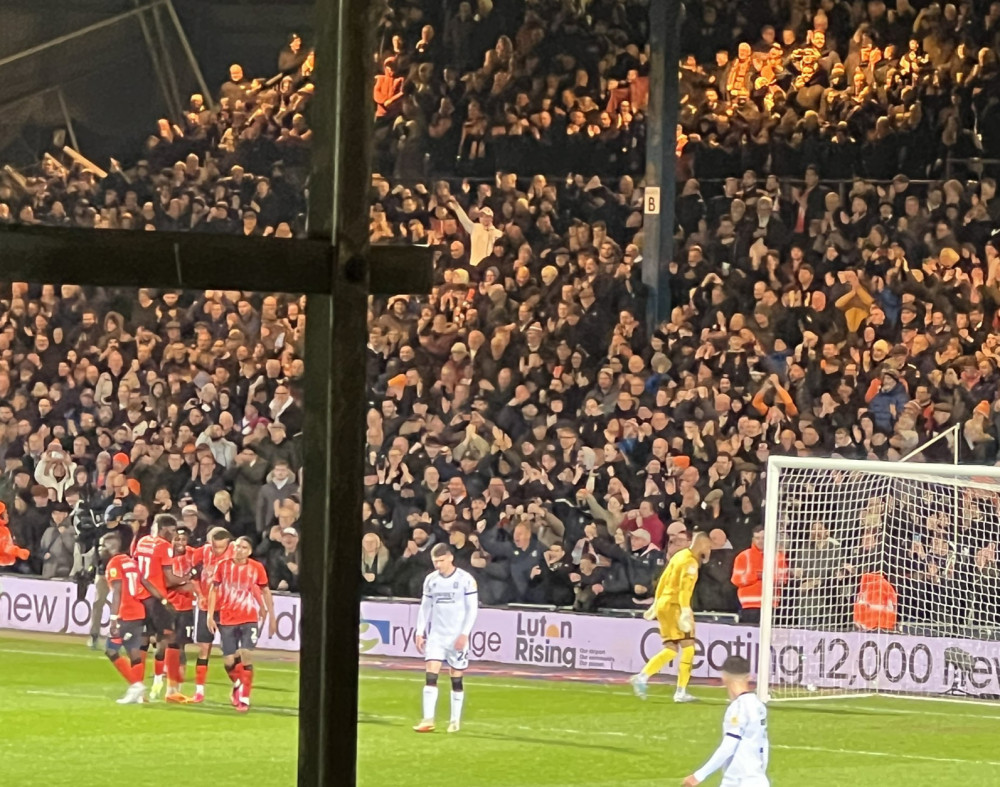 The Luton team celebrate Carlton Morris' penalty as Luton beat Middlesbrough 2-1 at Kenilworth Road