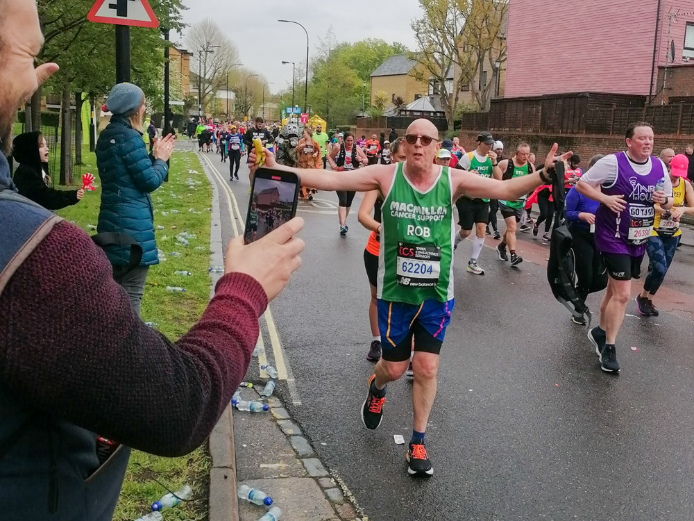 Rob Keithley, aged 58 from Wistaston, has raised over £6,200 for Macmillan after completing the London Marathon on Sunday 23 April (Jonathan White).