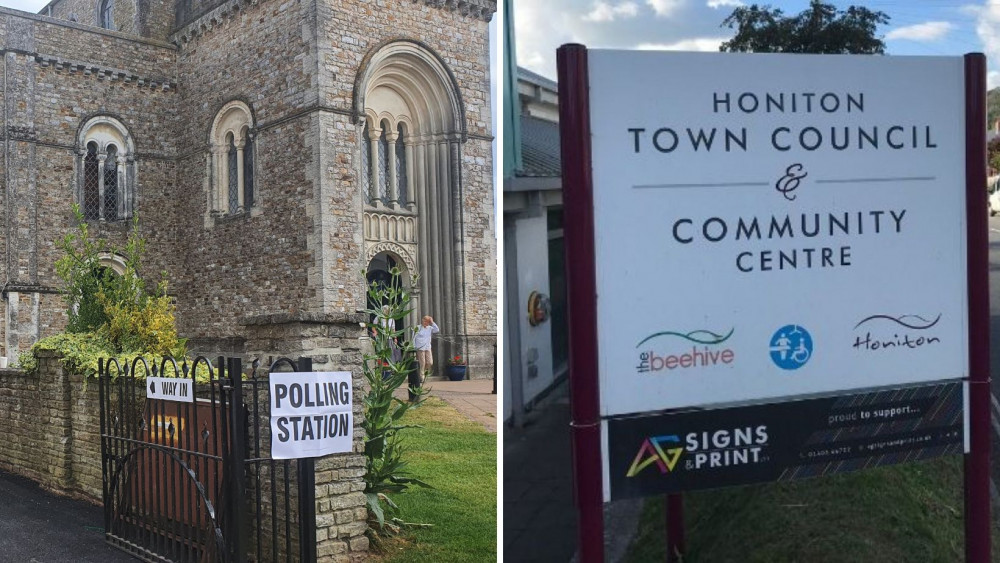 A polling station in Honiton (Nub News), R: Honiton Town Council sign outside The Beehive 