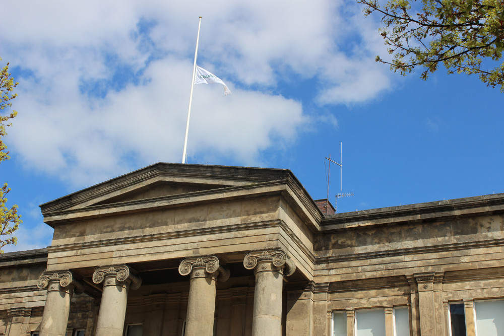 While he did not represent Macclesfield, the flag has been lowered at Macclesfield Town Hall as it is a Cheshire East Council-owned building where meetings were often held. (Image - Alexander Greensmith / Macclesfield Nub News)