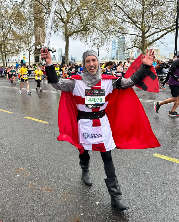 Running on behalf of Autism charity, Ambitious about Autism, Paul Evans recorded a remarkable time of four hours and 50 minutes whilst dressed head to toe as a knight (Credit: Paul Evans) 