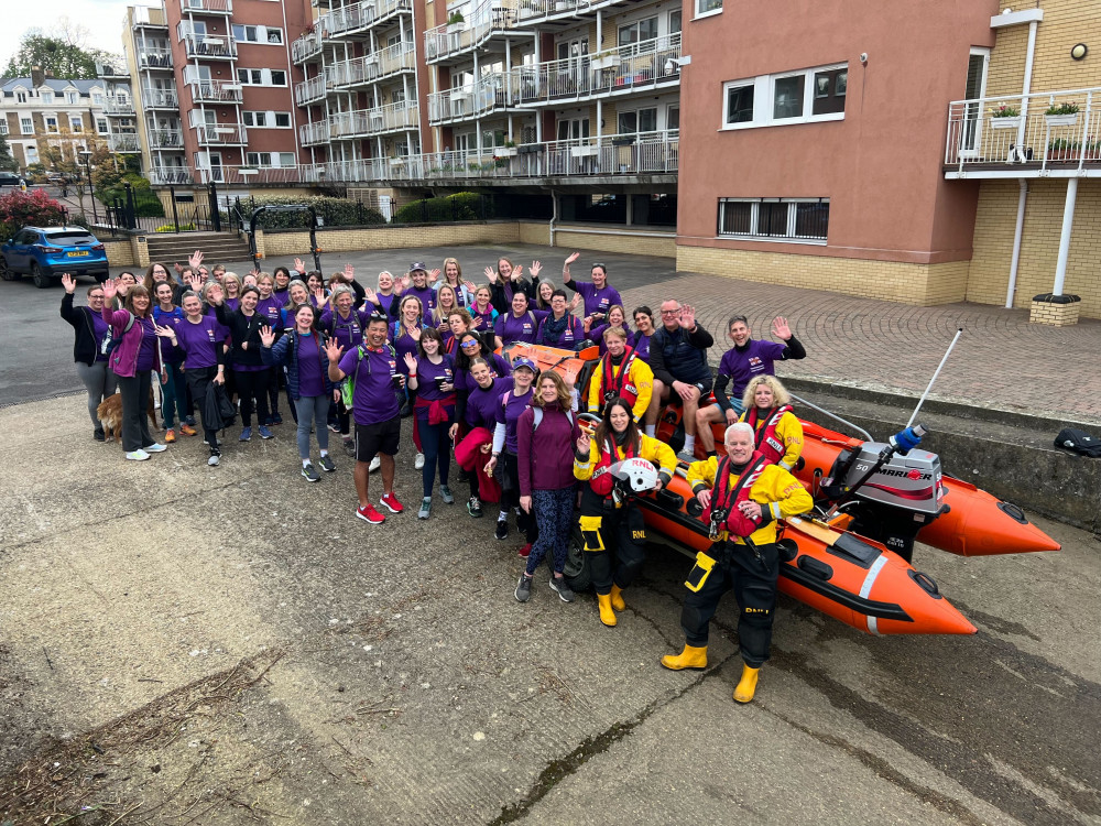 Members of Teddington RNLI meet Twickenham Preparatory School Marathon Walkers (Credit: RNLI/Paul Roach)