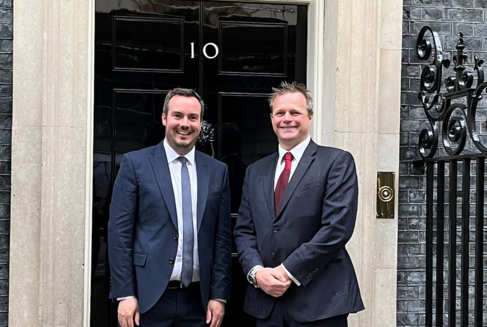 Simon Jupp MP with Alasdair Cameron outside 10 Downing St (Sidmouth Hospice at Home)