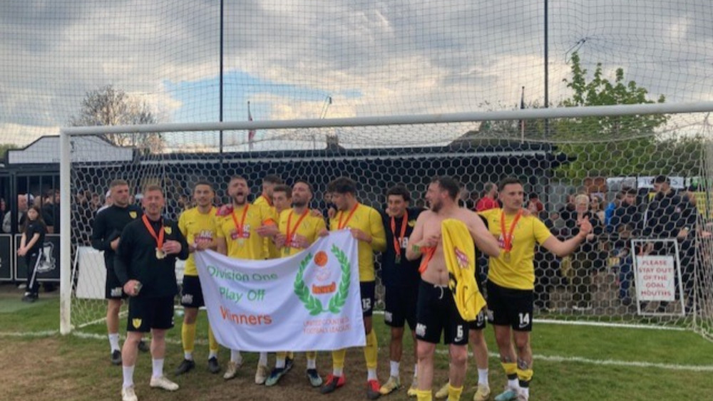 Hucknall Town secured promotion in dramatic circumstances on Saturday as they beat Birstall United on penalties in the playoff final. Photo Credit: Graham Conway.