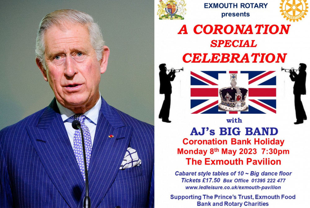 L: King Charles III (Wikimedia Commons). R: Concert poster (Exmouth Rotary)